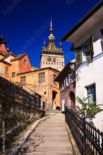 Fotografie, Obraz Sighisoara Clock Tower view from the city stairs