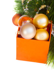 Canvas Print - golden christmas balls with fir tree