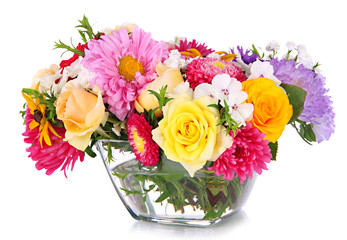 Sticker - Beautiful bouquet of bright flowers in glass vase, isolated