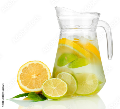 Naklejka na szybę Cold water with lime, lemon and ice in pitcher isolated on