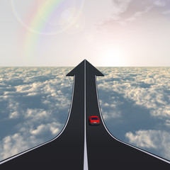 Conceptual arrow road above clouds