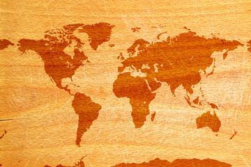  World map on wood background