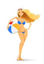 Girl In Bikini With Ball Vector Illustration Isolated On White