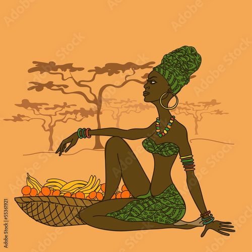 Fototapeta dla dzieci Beautiful African girl with fruit basket