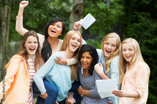 Fotografie, Obraz Six Teenage Girls Celebrating Successful Exam Results