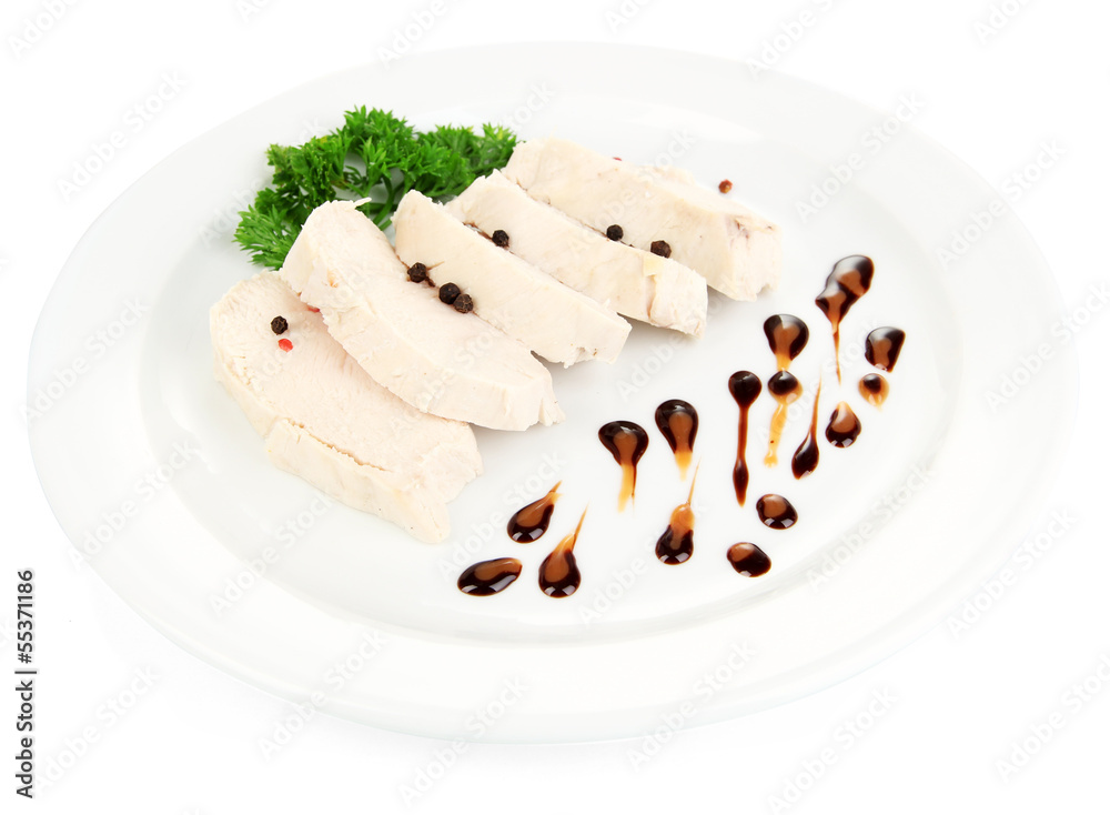 Boiled chicken meat with balsamic sauce, isolated on white