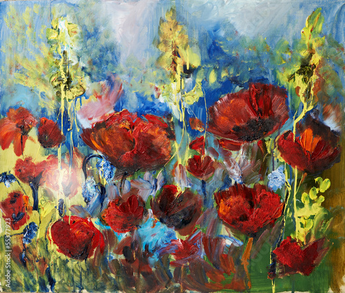 Obraz w ramie oil painting picture of red spring poppy