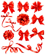 Poster - Big set of red gift bows with ribbons. Vector illustration.