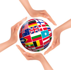 Wall Mural - Hands holding globe with flags of world. Vector.