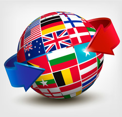 Wall Mural - Flags of the world in globe with an arrow. Vector illustration.