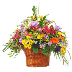 Wall Mural - Flower bouquet arrangement centerpiece in wicker basket isolated