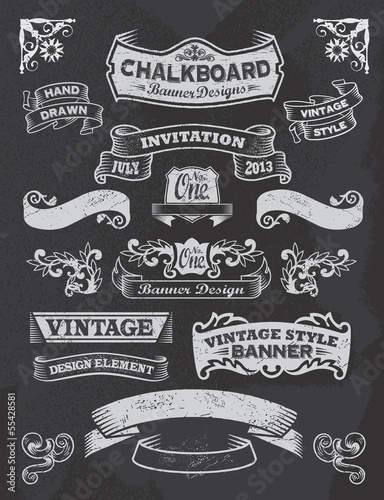 Fotografía Collection of banners and ribbons on a black background