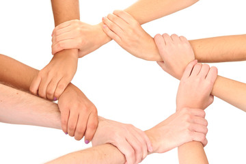 Ring of hands, isolated on white.  Conceptual photo of teamwork