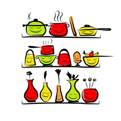 Wall Mural - Kitchen utensils characters on shelves, sketch drawing for your