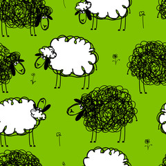 Poster - Funny sheeps on meadow, seamless pattern for your design