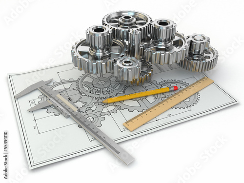 Fotografie, Obraz Engineering drawing. Gear, trammel, pencil and draft.