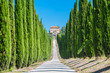 Tuscany countryside, typical villa with alley and cypresses