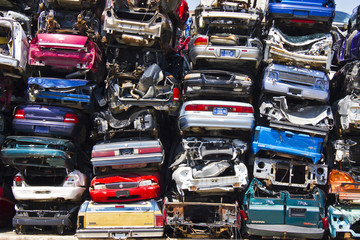 Discarded Junk Cars Piled Up After Crushing