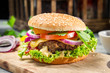 Homemade burger made ​​from fresh vegetables and beef