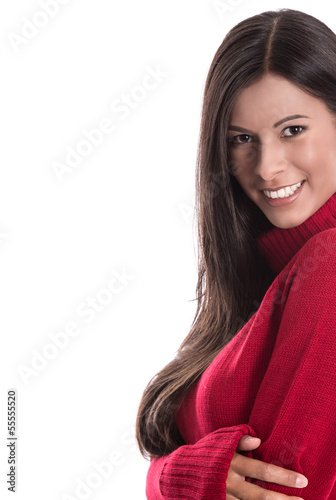 Schöne Junge Frau Mit Langen Schwarzen Haaren In Rot Isoliert Stock