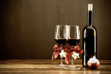 Wall Mural - Red wine, bottle and christmas baubel