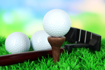 Sticker - Golf ball and driver on green grass outdoor close up