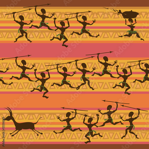 Obraz w ramie Comic seamless pattern of hunting aborigines
