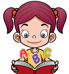 Sticker - Vector illustration of cartoon girl reading a book