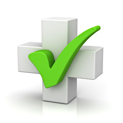 Poster - White plus sign with green check mark concept isolated