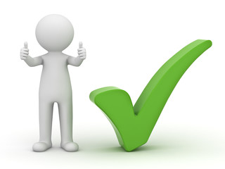 Fototapete - 3d man showing thumbs up with green check mark on white