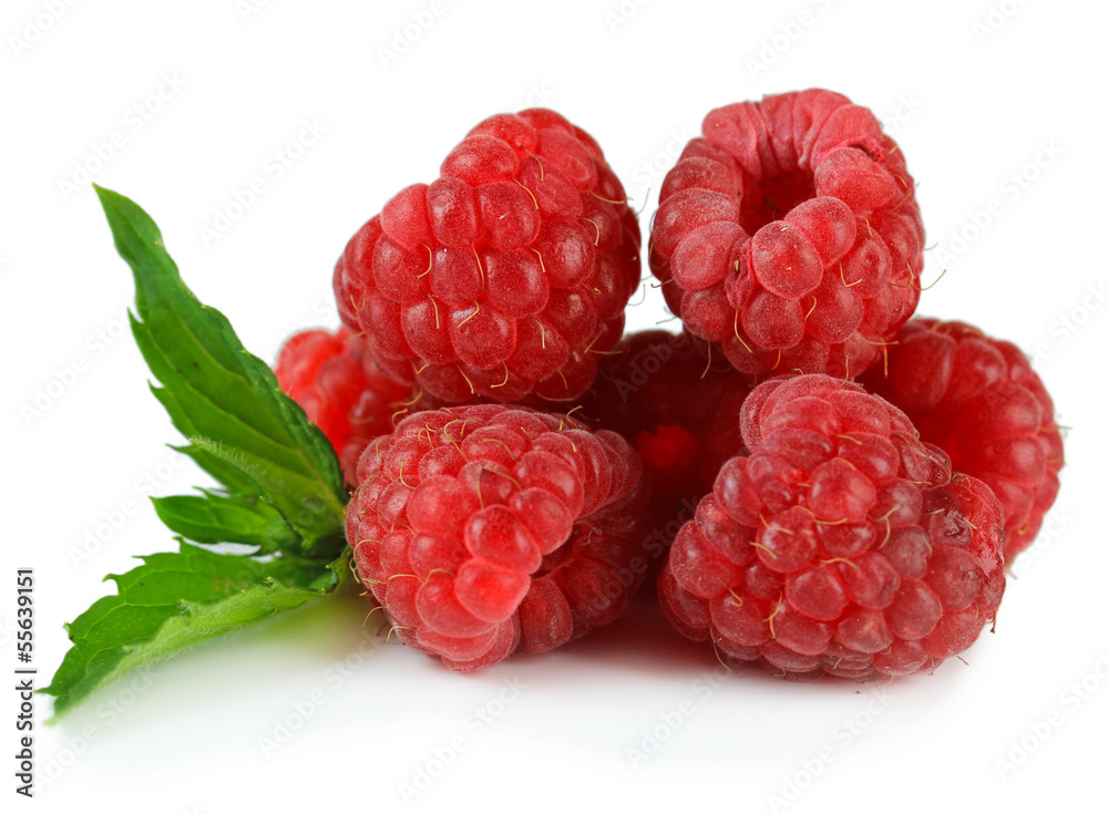 Ripe sweet raspberries isolated on white