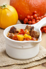 Tomato soup with fresh vegetables and meat