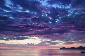 Poster - landscape with sea and mountains on sunrise