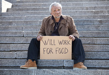 Will Work For Food. Depressed Senior Man Sitting On Stairs And H