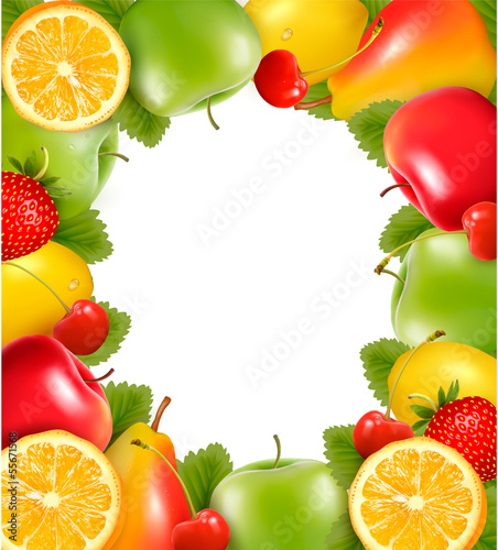 Naklejka - mata magnetyczna na lodówkę Frame made of fresh juicy fruit. Vector.