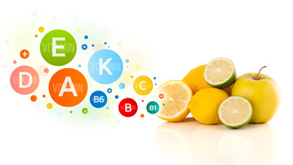 Wall Mural - Healthy fruits with colorful vitamin symbols and icons