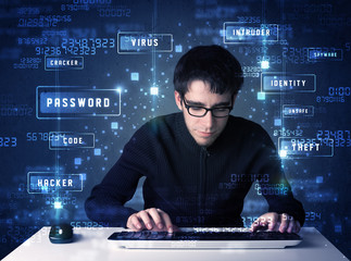 Fototapete - Hacker programing in technology enviroment with cyber icons