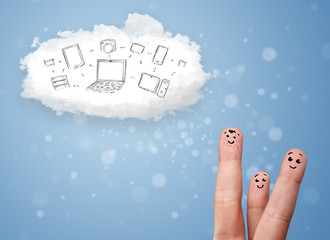 Happy smiley fingers looking at cloud computing with technology