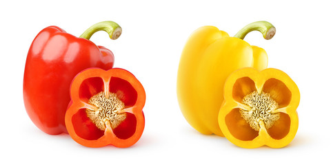 Poster - Isolated peppers. Two images of cut red and yellow bell peppers isolated on white background