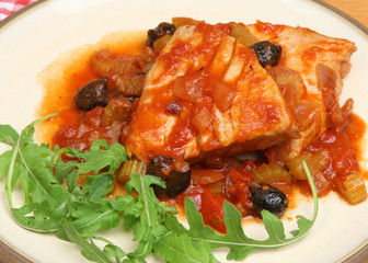 Wall Mural - Italian Tuna Steaks Poached in Tomato and White Wine Sauce.