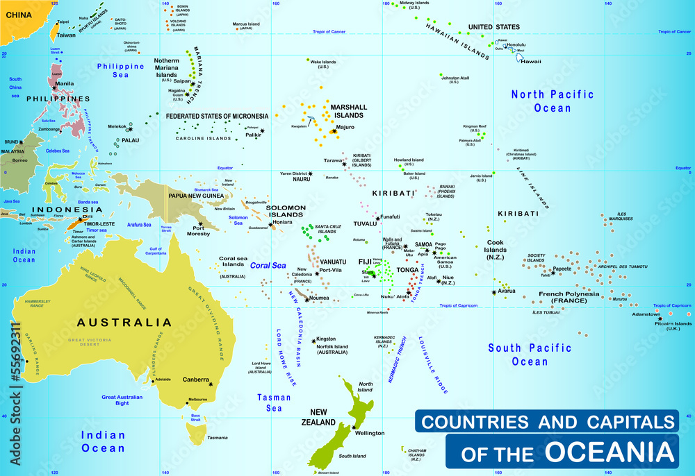 Countries and capitals of the Oceania - obrazy, fototapety, plakaty 