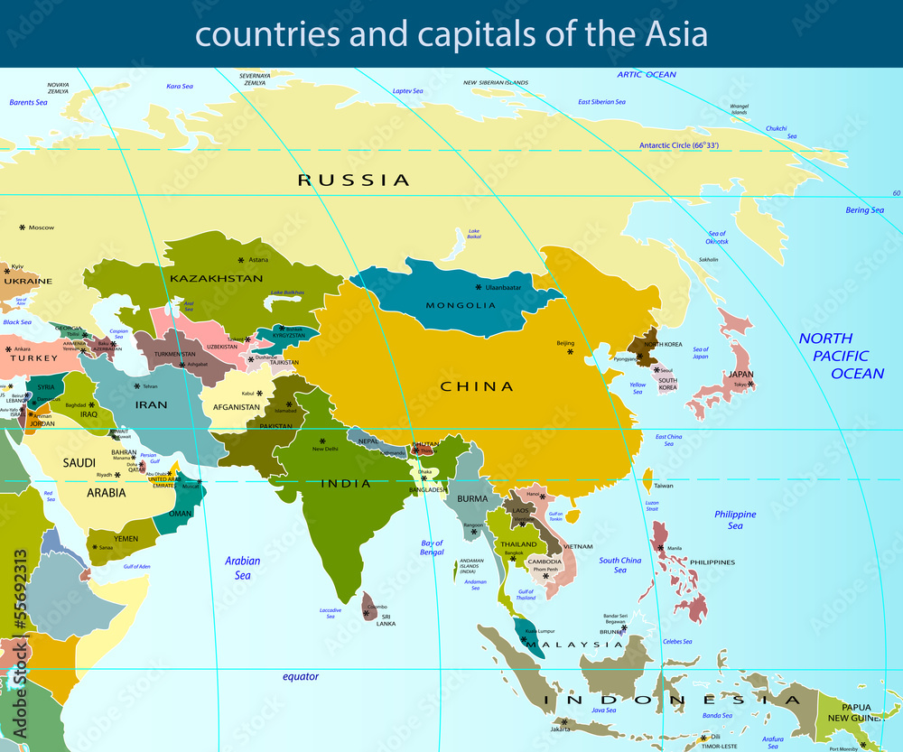 countries and capitals of the Asia Stock Vector | Adobe Stock