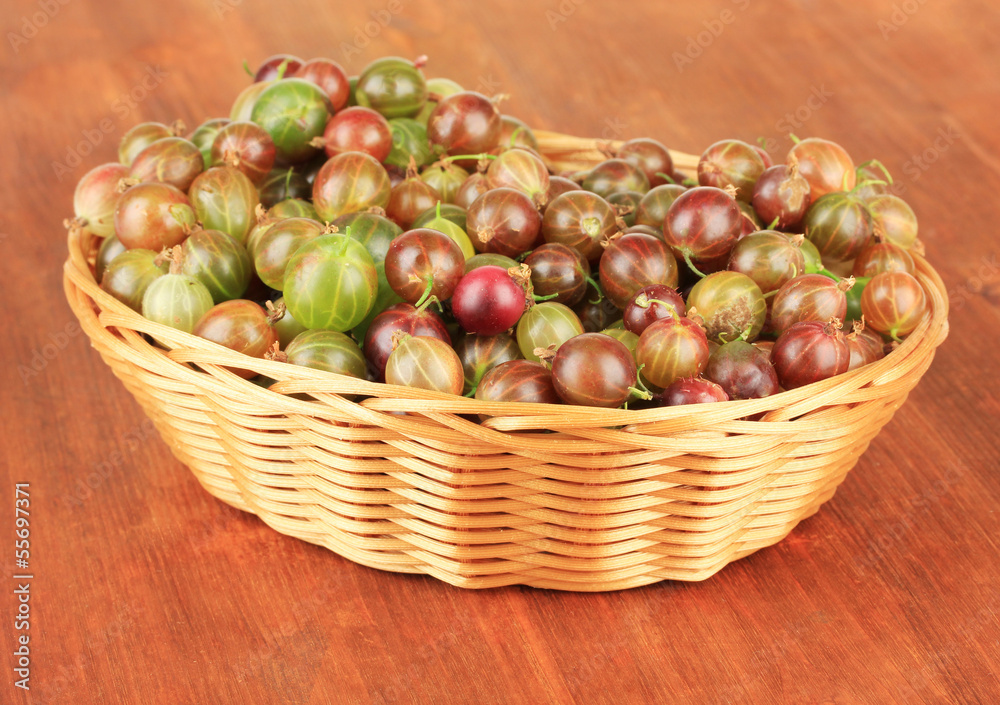 Fresh gooseberries in wicker basket on table close-up