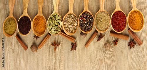 Fototapeta na wymiar Assortment of spices in wooden spoons on wooden background