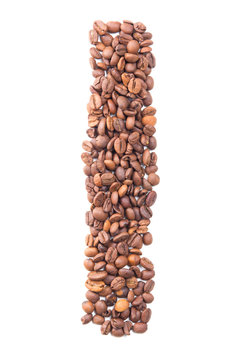 Letter I, alphabet from coffee beans on white background