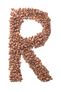 Letter R, alphabet from coffee beans on white background
