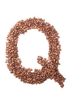 Letter Q, alphabet from coffee beans on white background