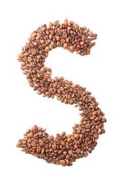 Letter S, alphabet from coffee beans on white background