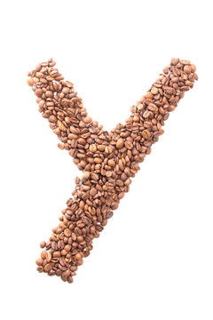 Letter Y, alphabet from coffee beans on white background