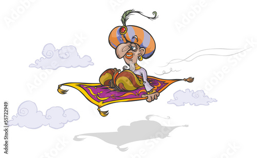 Fotografía Cartoon Arabian magician on flying carpet.